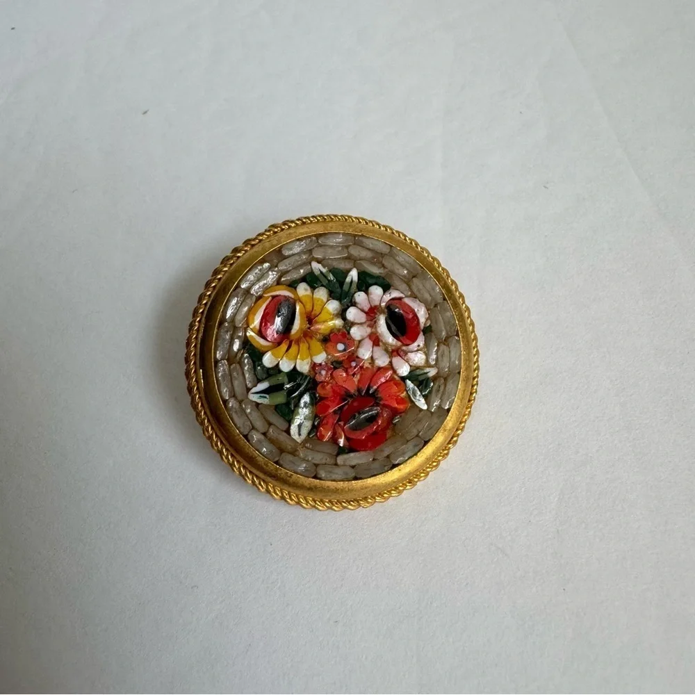 Vintage‎ Floral Mosaic Brooch Rose Floral Pin Signed Italy Italian Florentine